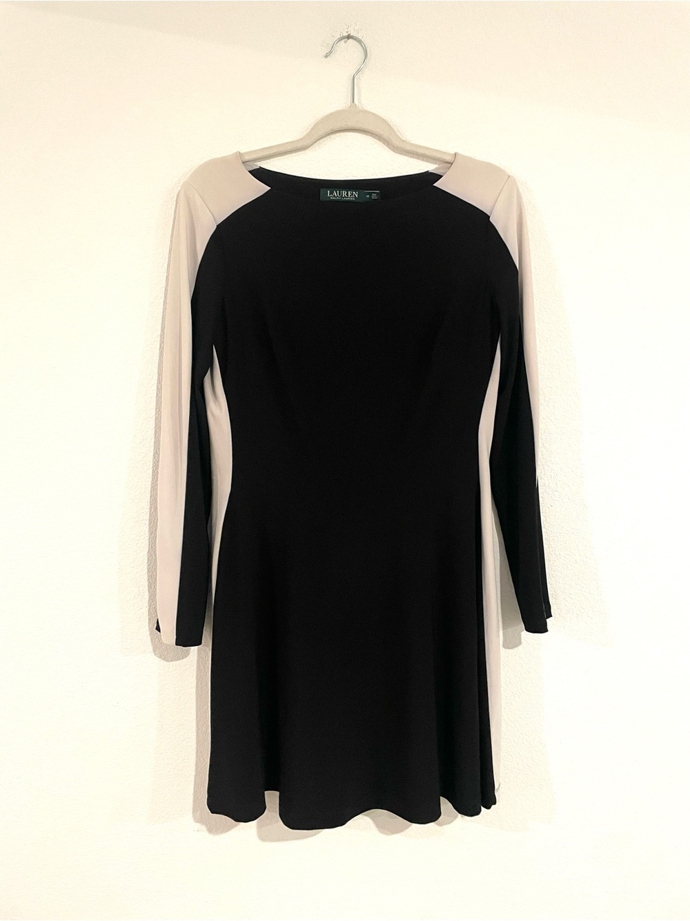 Lauren Ralph Lauren Black Dress with Cream Panels, Long Sleeve Fit-and-Flare